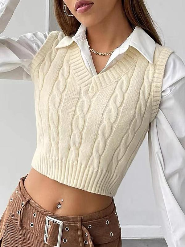 Women's Solid Textured V Neck Crop Sweater Vest Without Shirt, Casual Sleeveless Cropped Knitwear For Spring & Fall, Fashion Cozy Women's Knit Clothing For Daily Wear