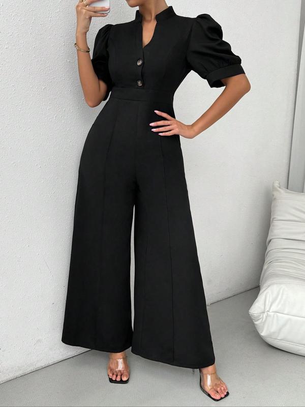  Notched Neck Puff Sleeve Jumpsuit, Elegant Short Sleeve Wide Leg Jumpsuit for Party Holiday Vacation, Women's Clothes for Summer