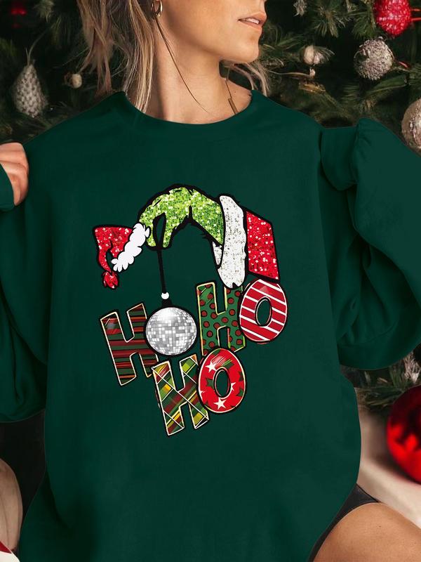 Women's Cartoon Christmas Hat & Letter Print Drop Shoulder Sweatshirt, Casual Long Sleeve Round Neck Pullover for Fall & Winter, Ladies Clothes for Daily Wear