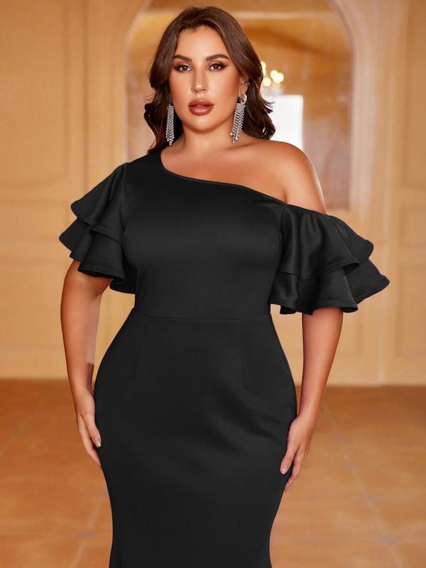  Layered Sleeve Asymmetrical Neck Mermaid Dress, Elegant Butterfly Sleeve Evening Party Gown, Women's Clothes for All Seasons, Dresses for Women, Birthday Dresses 2024, Plus Size Dresses, Formal Dresses, Elegant Dresses