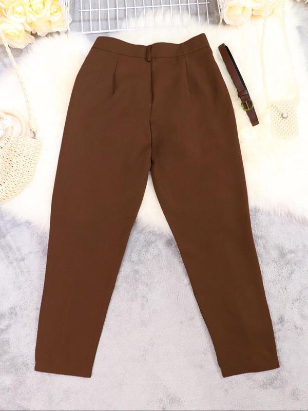 Women's Solid Plicated Pocket Button Pants with Belt, Casual High Waist Trousers for Spring & Fall, Women's Bottoms for Daily Wear