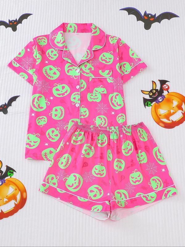 Shopwithjulie Women's Halloween Pumpkin Skull Print Pocket Lapel Blouse & Elastic Waist Shorts Pyjama Loungewear Set, Lady Button Front Short Sleeve Top & Shorts Pj Pants, Christmas Pajamas, Women's Sleepwear for Homewear,  Christmas List Ideas 2025