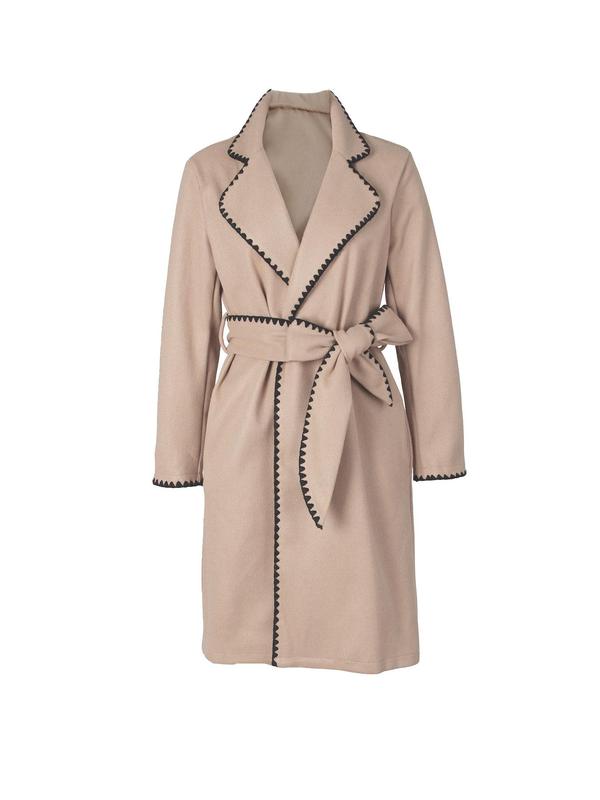 Women's Contrast Binding Belted Lapel Coat, Casual Long Sleeve Outerwear for Fall & Winter, Ladies Clothes for Daily Wear