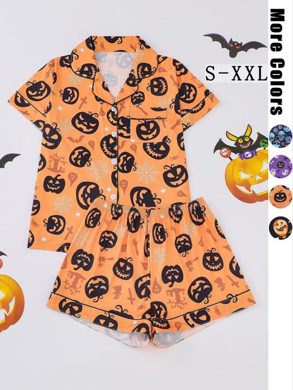 Shopwithjulie Women's Halloween Pumpkin Skull Print Pocket Lapel Blouse & Elastic Waist Shorts Pyjama Loungewear Set, Lady Button Front Short Sleeve Top & Shorts Pj Pants, Christmas Pajamas, Women's Sleepwear for Homewear,  Christmas List Ideas 2025