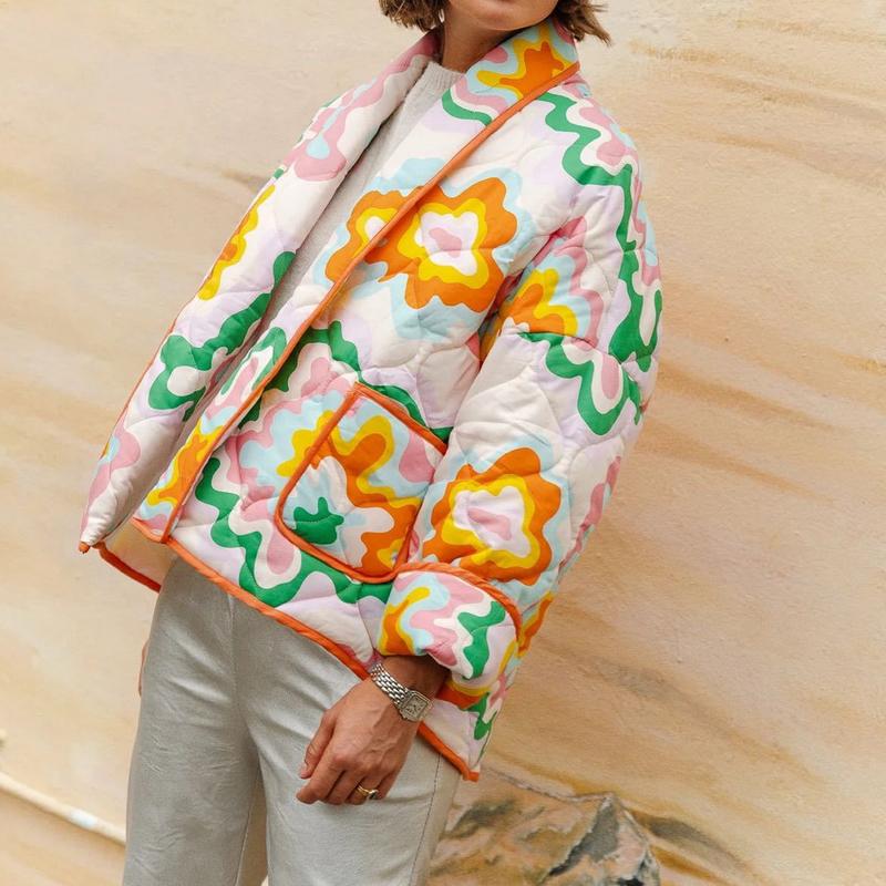 Women's Cropped Puffer Jacket Lightweight Floral Printed Open Front Quilted Coat Winter Warm Outwear