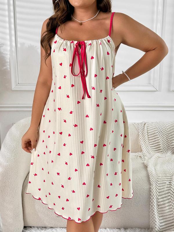 Plus Size Heart Print Tie Front Cami Nightdress, Cute Backless Lettuce Trim Nightgown, Women's Sleepwear For All Seasons