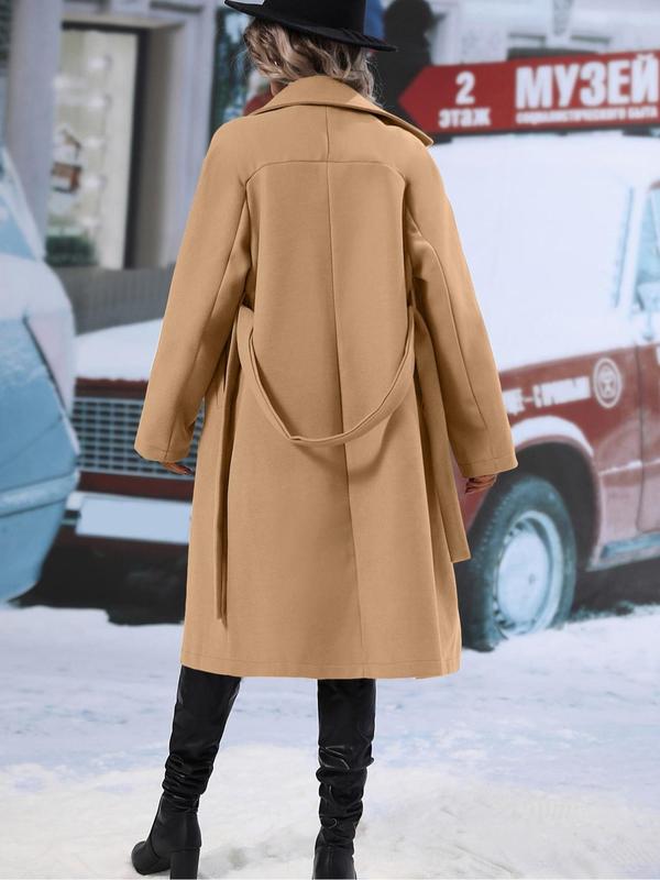 Women's Solid Double Button Belted Wool Coat, Elegant Lapel Neck Long Sleeve Coat for Fall & Winter, Women's Clothing for Daily Wear