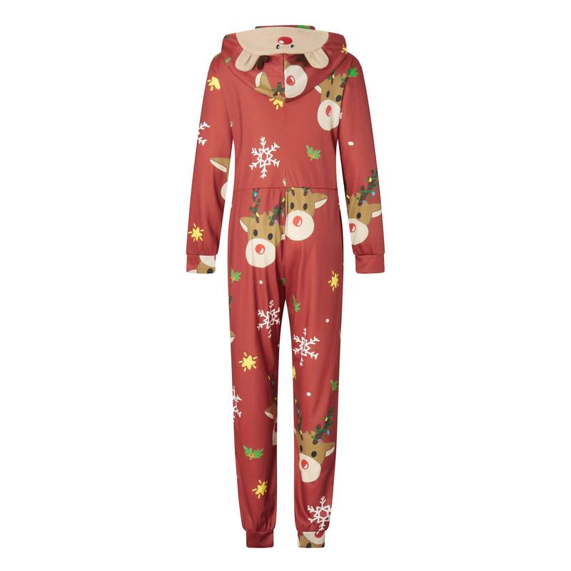 Christmas Family Matching Jumpsuit, Long Sleeve Hooded Elk Print Zipper Closure Loungewear