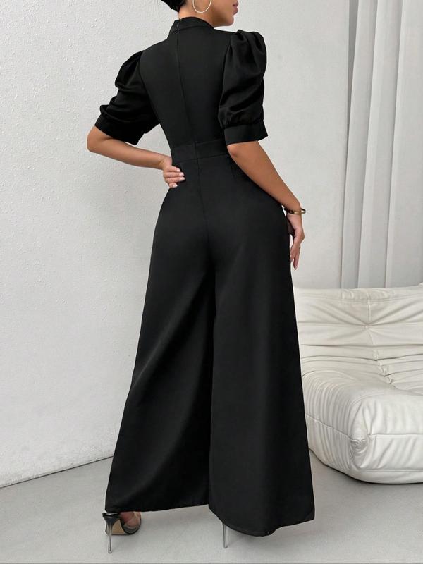  Notched Neck Puff Sleeve Jumpsuit, Elegant Short Sleeve Wide Leg Jumpsuit for Party Holiday Vacation, Women's Clothes for Summer