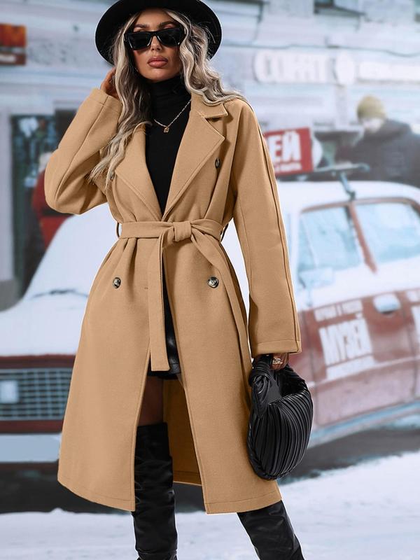 Women's Solid Double Button Belted Wool Coat, Elegant Lapel Neck Long Sleeve Coat for Fall & Winter, Women's Clothing for Daily Wear