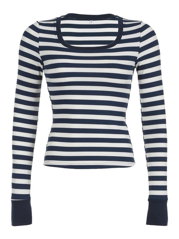 Women's Striped Print Scoop Neck Ribbed Tee, Casual Long Sleeve T-shirt for Fall & Winter, Women's Clothing for Daily Wear