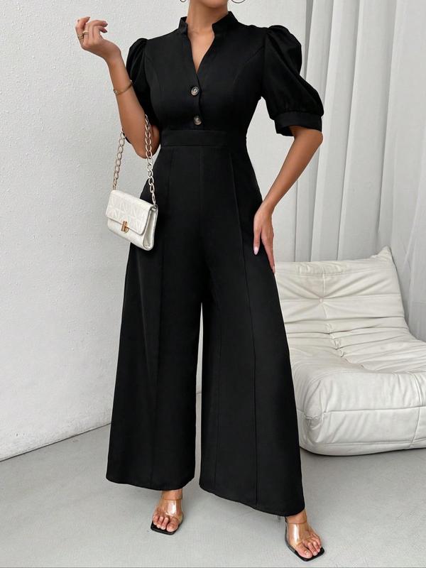 Women's Plain Puff Sleeve Notched Waist Jumpsuit, Casual Short Sleeve Button Front Jumpsuit for Summer, Fashion Women's Clothing for Daily Wear