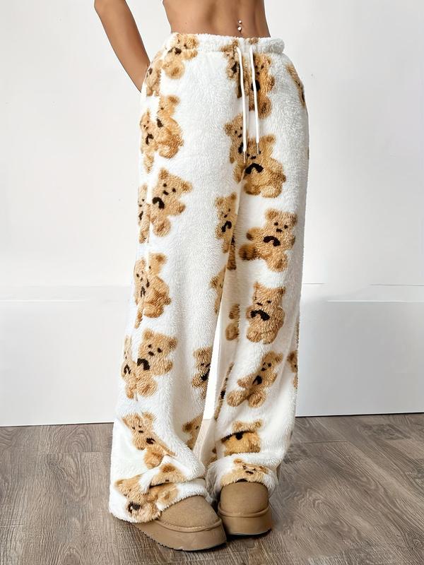 Women's Cartoon Bear Print Drawstring Waist Wide Leg Pants, Casual Comfy Pocket Fuzzy Trousers for Fall & Winter, Women's Bottoms for Daily Wear