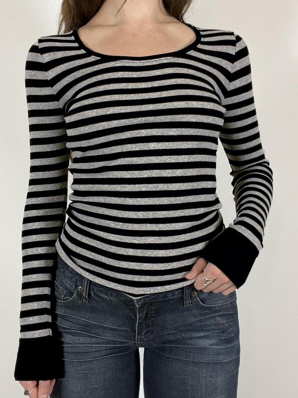 Women's Striped Print Scoop Neck Ribbed Tee, Casual Long Sleeve T-shirt for Fall & Winter, Women's Clothing for Daily Wear