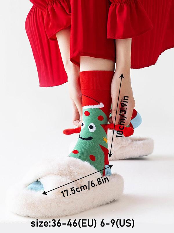 Women's Christmas Themed Cartoon Santa Claus Print Crew Socks, Cute Magnetic Holding Hand Design Mid-calf Socks for Fall & Winter, Women's Socks for Daily Wear