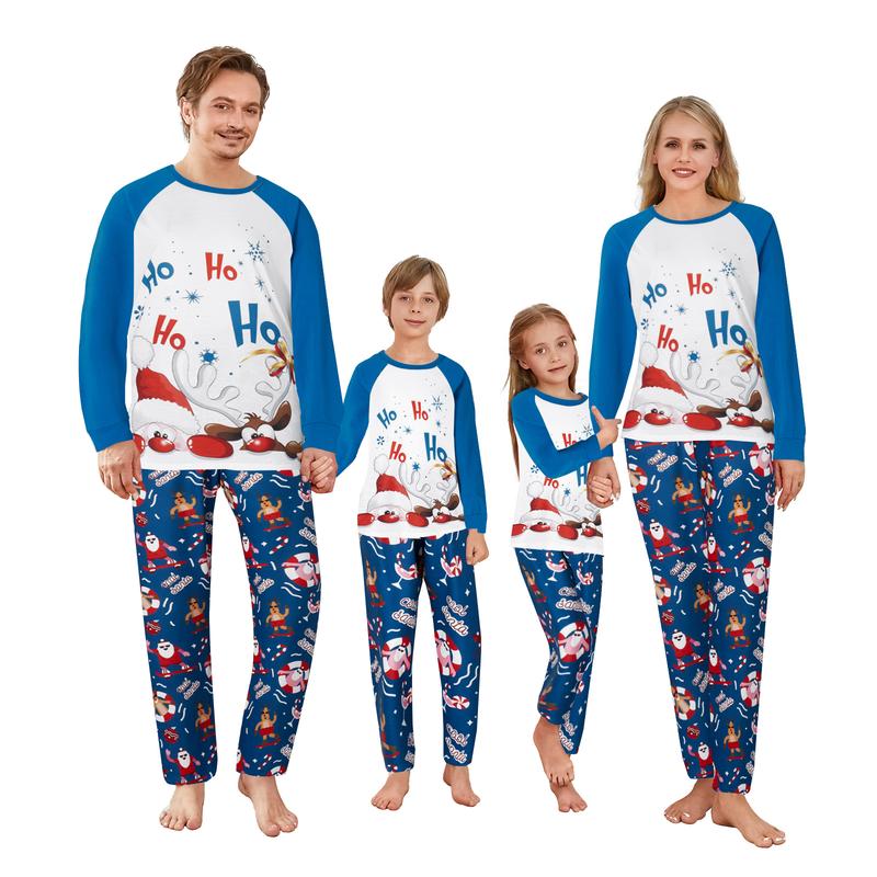 Christmas Family Pajamas Matching Set, Santa Claus Deer Print Long Sleeve T-shirt with Pants Sleepwear Loungewear Crewneck Womenswear