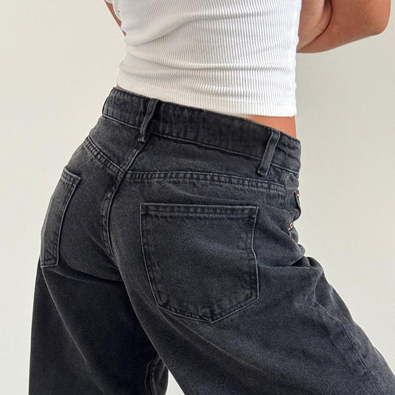 Women's Spring Summer Denim Pants Low Waist Wide Leg Trousers with Multi Pockets Jean Womenswear