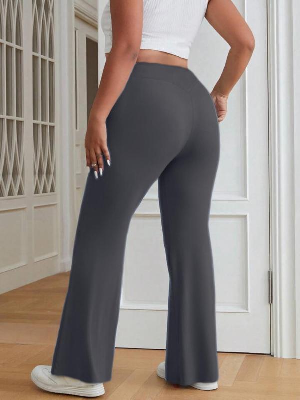  Solid Wrap High Waist Flare Leg Pants, Casual Comfy Bell Bottom Trousers for Daily Wear, Women's Bottoms for All Seasons