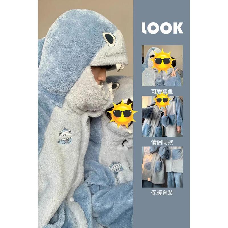 Shark Coral Fleece Couple Pajamas Women's New Outerwear Homewear Men's Thickened Set