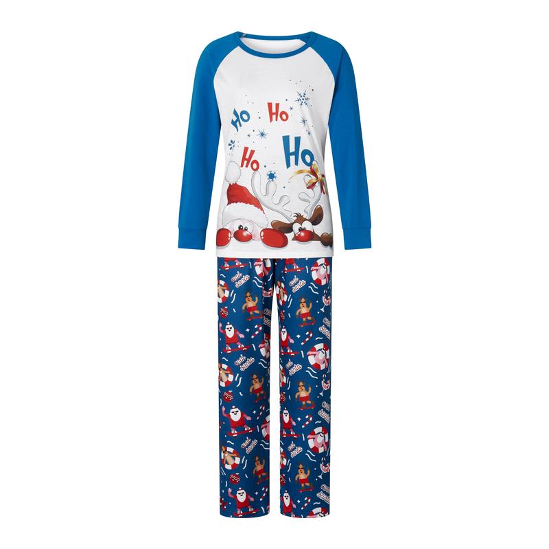 Christmas Family Pajamas Matching Set, Santa Claus Deer Print Long Sleeve T-shirt with Pants Sleepwear Loungewear Crewneck Womenswear