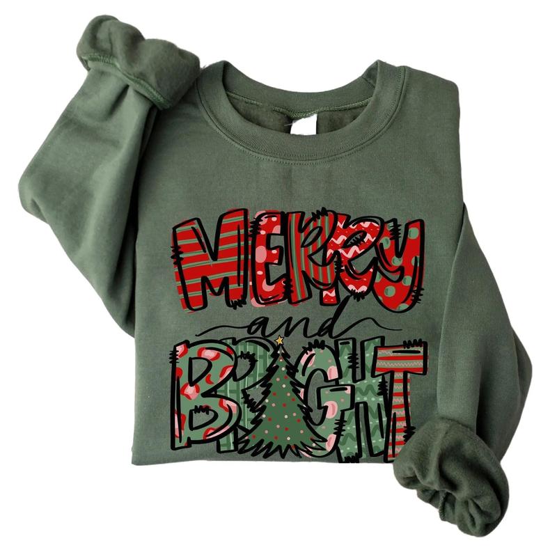 Merry and Bright Sweatshirt Full Color, Christmas Tree Sweater, Merry Christmas Hoodie, Family Christmas Crewneck Tee, Xmas Shirt Gift, Happy Holiday