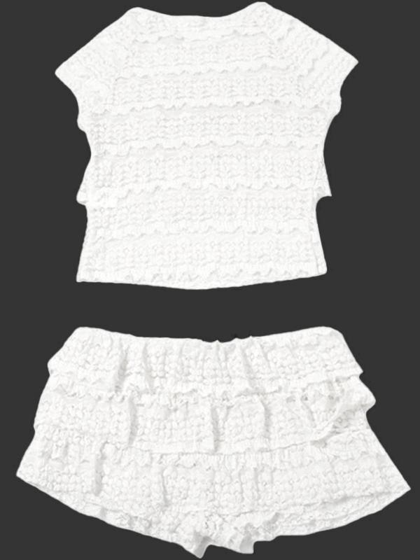 Women's Solid Ruffle Trim Crop Top & Tiered Layer Shorts Two-piece Set, Casual Fashion Cap Sleeve Mock Neck Top & Skinny Shorts for Daily Outdoor Wear, Ladies Summer Clothes