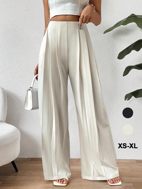 Women's Solid Color Plicated High Waist Wide Leg Pants, Casual Comfy Zipper Trousers for Daily Wear, Ladies Bottoms for Fall