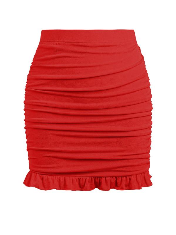 Women's Solid Ruched Ruffle Hem Bodycon Skirt, Casual Fashion Short Skirt for Daily Outdoor Wear, Ladies Bottoms for Summer