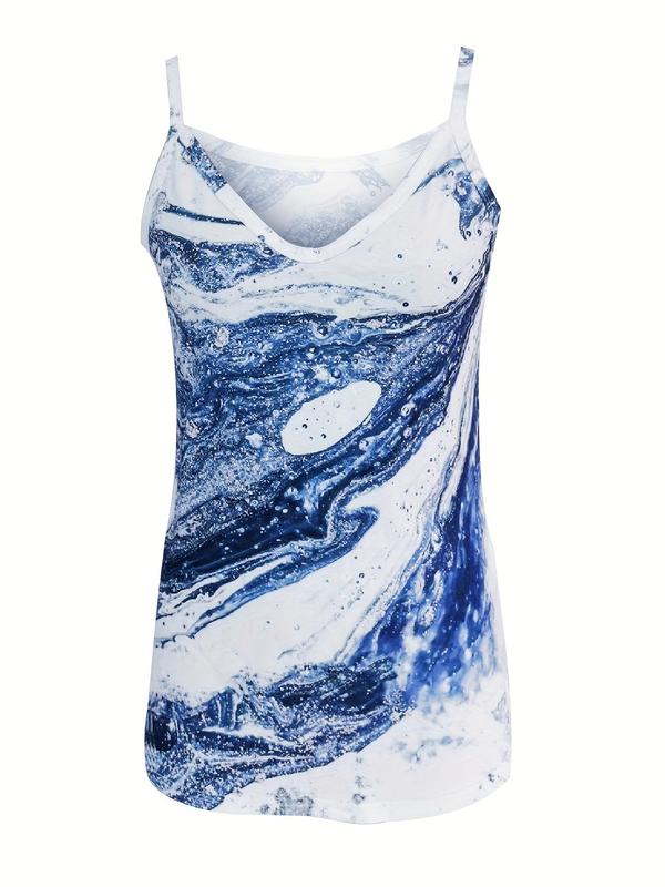 Women's Marble Print V Neck Tank Top, Casual Sleeveless Top for Daily Wear, Ladies Clothes for All Seasons