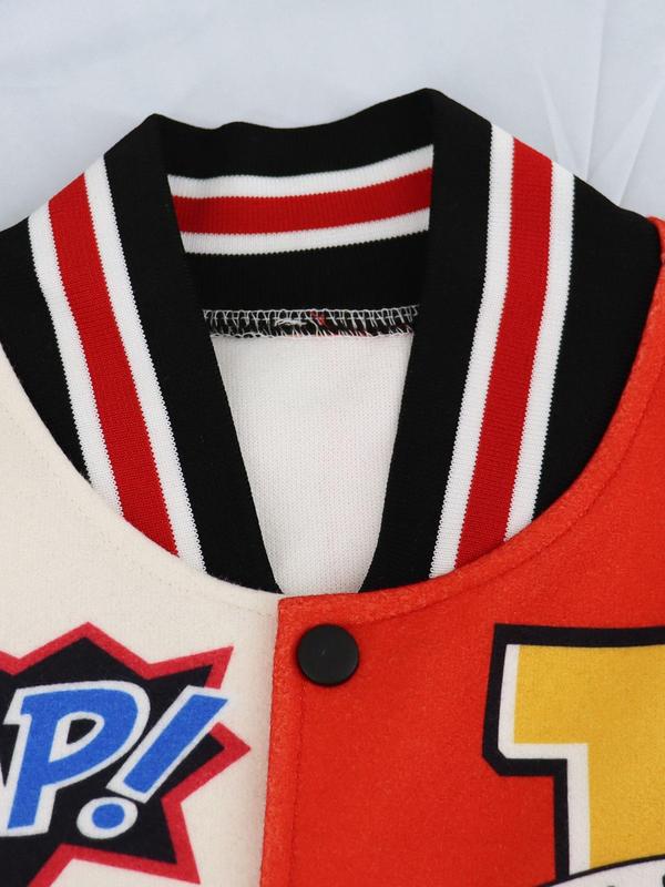 Women's Colorblock Letter & Striped Print Button Front Varsity Jacket, Casual Mock Neck Long Sleeve Outerwear, Going Out Tops, Lady Fall Clothes Sports Jacket