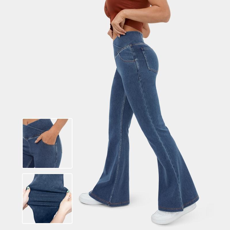 Hallarra Flex High Waisted Crossover PocketWashed Stretchy Knit Casual Flare Jeans