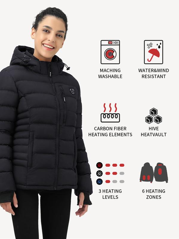 iHood Women's Heated Puffer Jacket With 12V Battery Pack, Insulated Hooded Hand-Heating Electric Heating Jacket