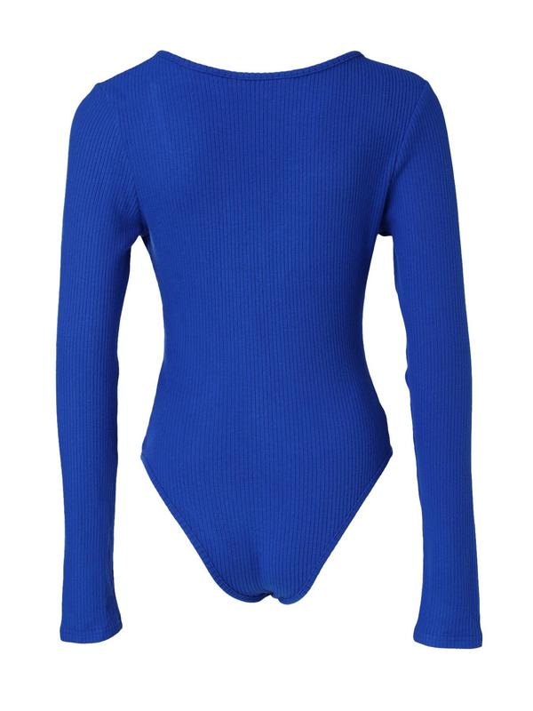 Women's Plain Lace Up Tie Front Ribbed Bodysuit, Casual Long Sleeve Scoop Neck Bodysuit for Fall & Winter, Women's Clothes for Daily Wear