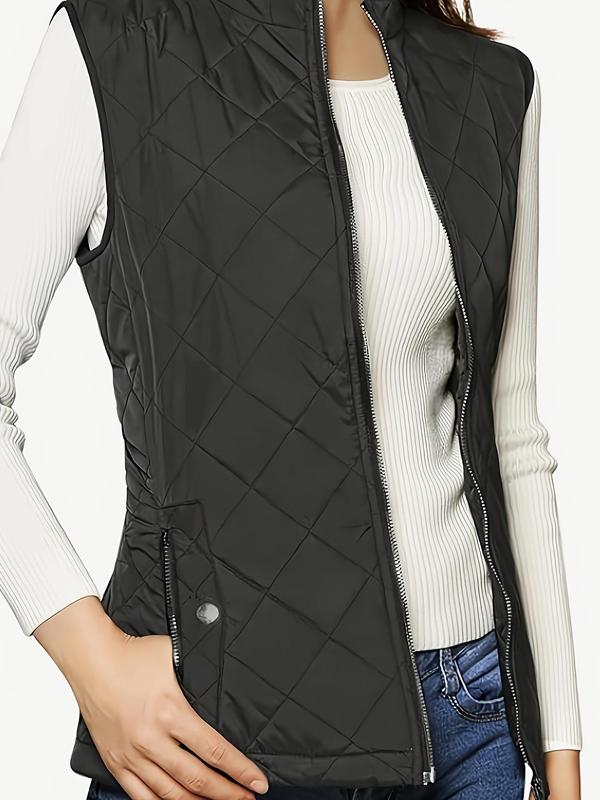 Women's Solid Zip Up Quilted Vest Coat, Casual Tops, Pocket Design Sleeveless Outerwear for Fall & Winter, Winter Clothes Women, Women's Clothing for Daily Wear