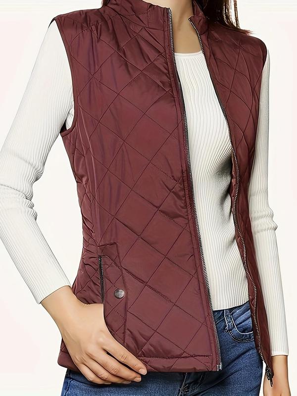 Women's Solid Zip Up Quilted Vest Coat, Casual Tops, Pocket Design Sleeveless Outerwear for Fall & Winter, Winter Clothes Women, Women's Clothing for Daily Wear