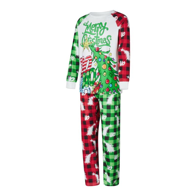 Green Matching Christmas Pajamas For Familyt, Long Sleeve Tree Letters Print T-shirt with Plaid Pants Sleepwear Loungewear