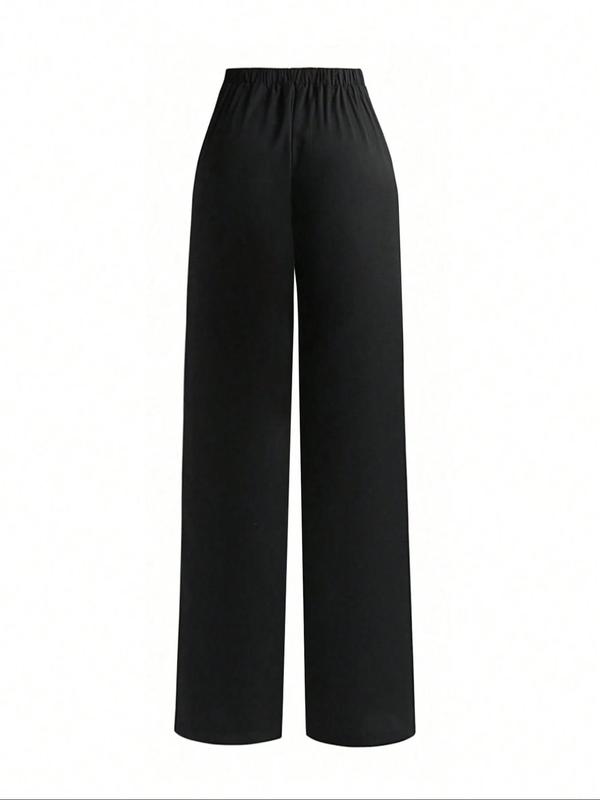 Women's Solid Elastic Waist Wide Leg Suit Pants, Elegant High Waist Trousers for Work Office Business, Ladies Bottoms for All Seasons