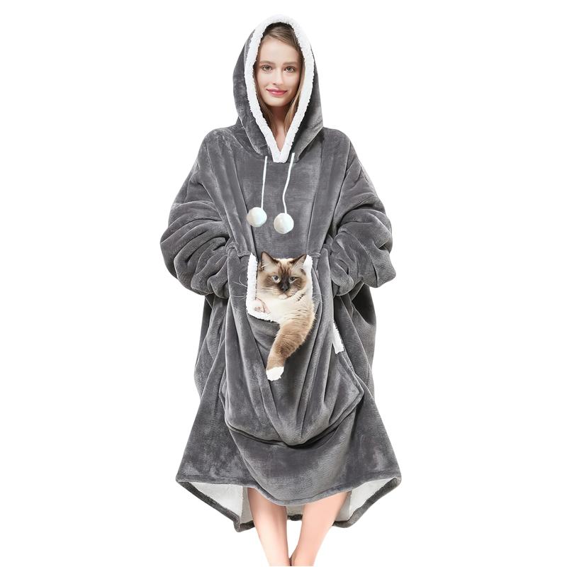 Larleaf Kangaroo Wearable Blanket Hoodie with Giant Pocket, One Size Pet Clothes Extra Soft Sherpa Fleece Thick Warm ＆ Cozy Oversized Sweatshirt Blanket Jacket with Sleeves Gifts For Dogs And Cats, Cozy Sherpa Hooded Cat Clothes Comfort Womenswear