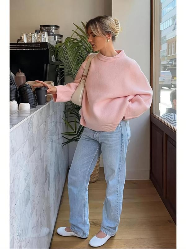 Women's Plain Drop Shoulder Crew Neck Sweater, Casual Long Sleeve Round Neck Jumper for Fall & Winter, Fashion Ladies' Knitwear for Daily Wear