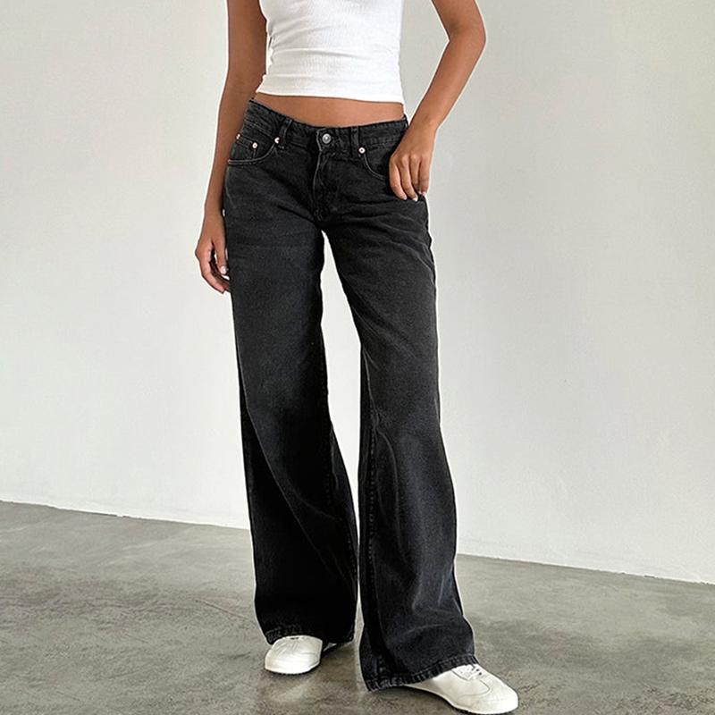 Women's Spring Summer Denim Pants Low Waist Wide Leg Trousers with Multi Pockets Jean Womenswear