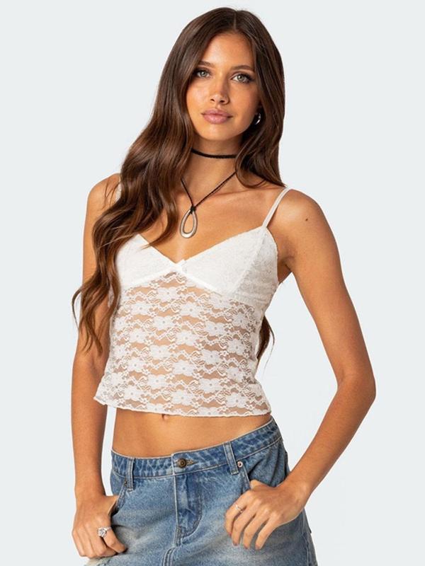 Women's Plain Sheer Backless Lace Crop Cami Top, Chic Sexy Spaghetti Strap Top for Daily Wear, Ladies Clothes for All Seasons