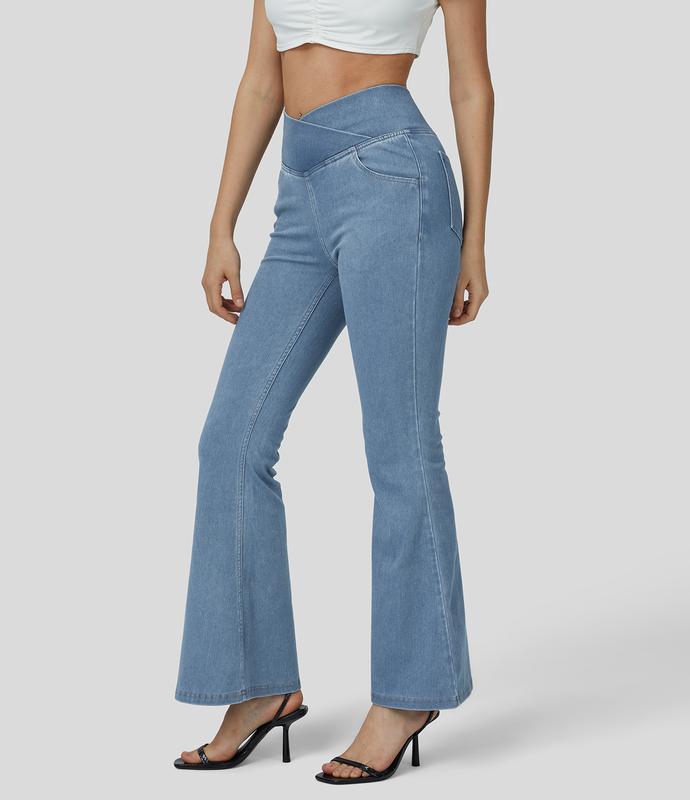 Hallarra Flex High Waisted Crossover PocketWashed Stretchy Knit Casual Flare Jeans