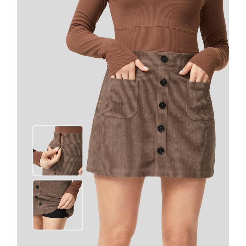 Halara High Waisted Button Front Side Pocket Zipper 2-in-1 Corduroy Mini Casual Skirt