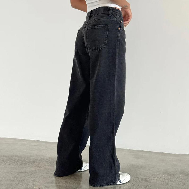 Women's Spring Summer Denim Pants Low Waist Wide Leg Trousers with Multi Pockets Jean Womenswear