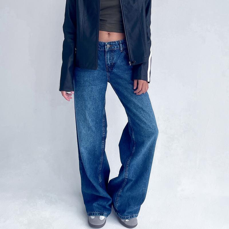 Women's Spring Summer Denim Pants Low Waist Wide Leg Trousers with Multi Pockets Jean Womenswear