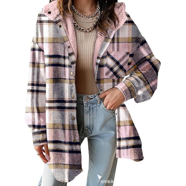 2024 new arrival hot sale WOMEN'S flannel stripes jacket long sleeve autumn button hooded jacket