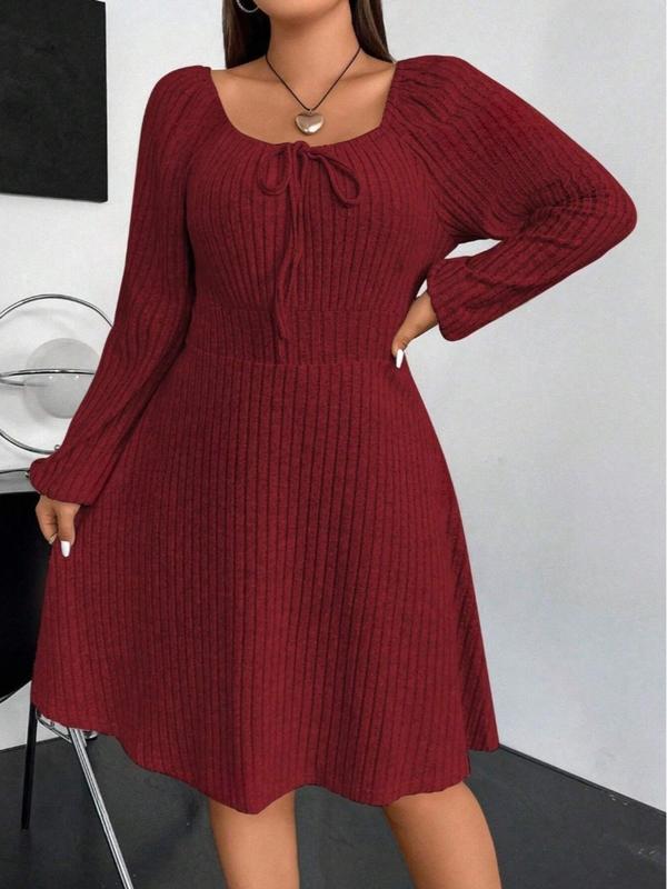  Solid Bishop Sleeve Tie Front Ribbed Dress, Casual Long Sleeve Square Neck A Line Dress for Spring & Fall, Women's Clothes for Daily Wear