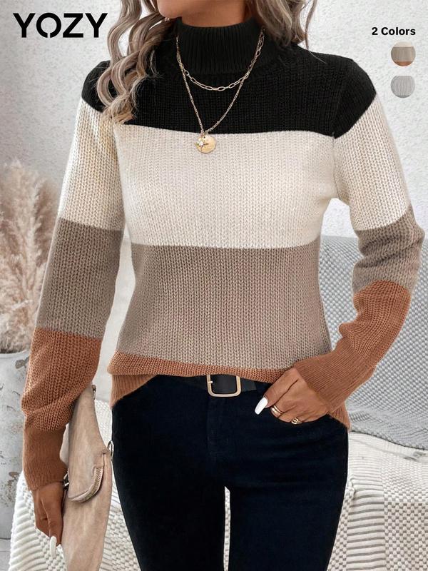 YOZY Women's Colorblock Print High Neck Sweater, Casual Long Sleeve Jumper for Fall & Winter, Fashion Ladies' Knitwear for Daily Wear