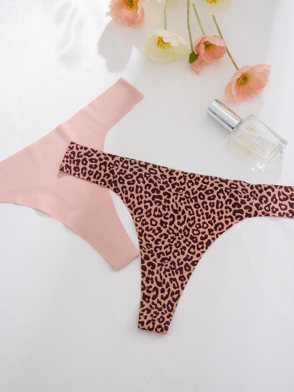 Women's Solid Color & Leopard Print Thong, Soft Comfy Breathable Seamless Panty for Daily Wear, Women's Underwear for All Seasons