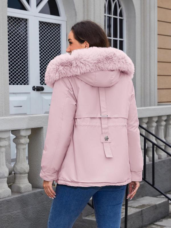 Women's Solid Drawstring Pocket Zip Up Hooded Jacket, Casual Long Sleeve Thermal Lined Removable Faux Fur Trim Outerwear, Women's Fall & Winter Clothes for Daily Wear